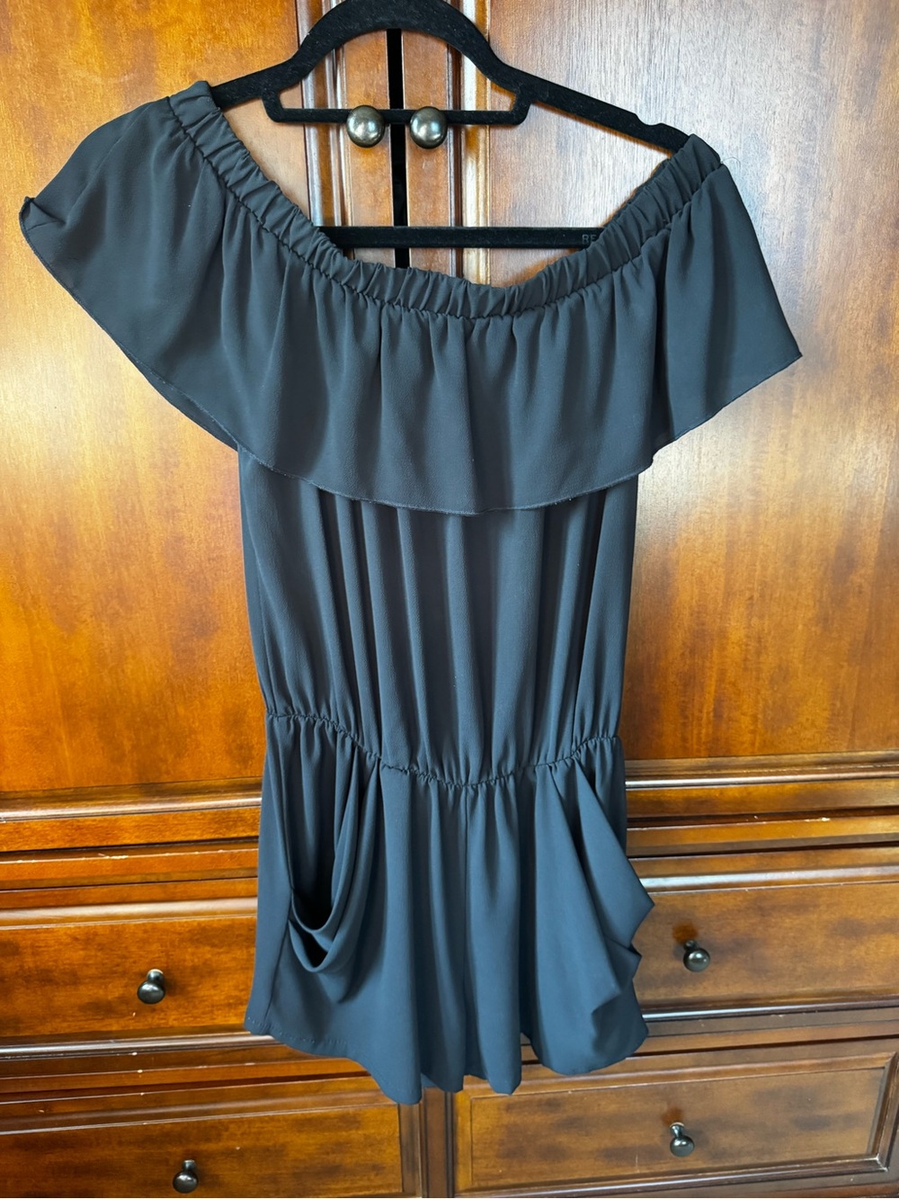 Tyche Black Off-Shoulder Ruffle Tunic